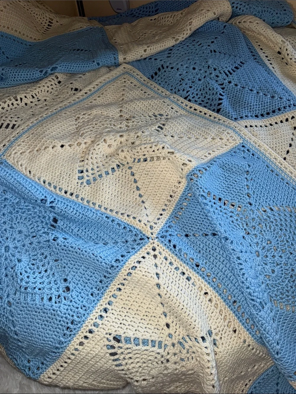 Hand Crafted Blue and Cream Crochet Star Patchwork Throw Blanket